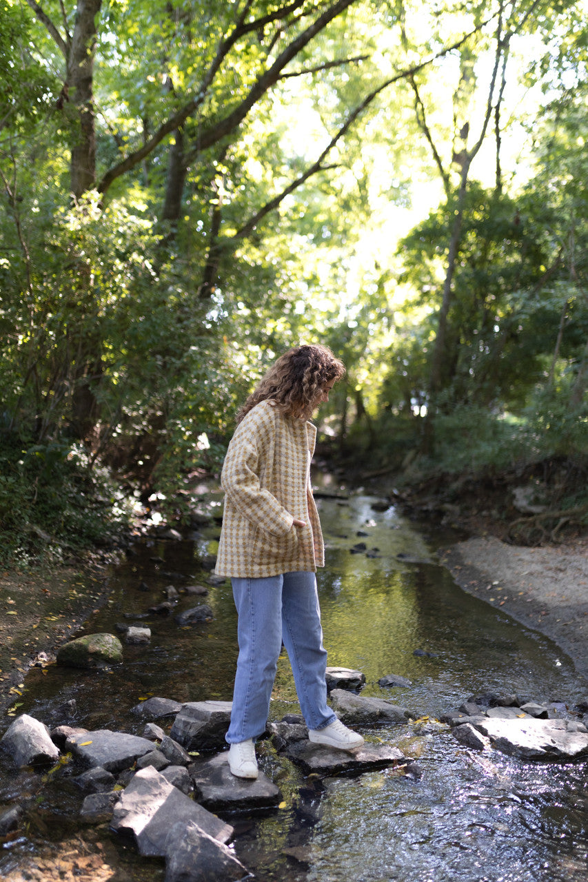 Portuguese Wool Pieper Coat in Mustard/Light Grey and Cream Check Made to Order