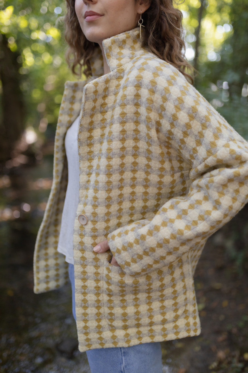 Portuguese Wool Pieper Coat in Mustard/Light Grey and Cream Check Made to Order