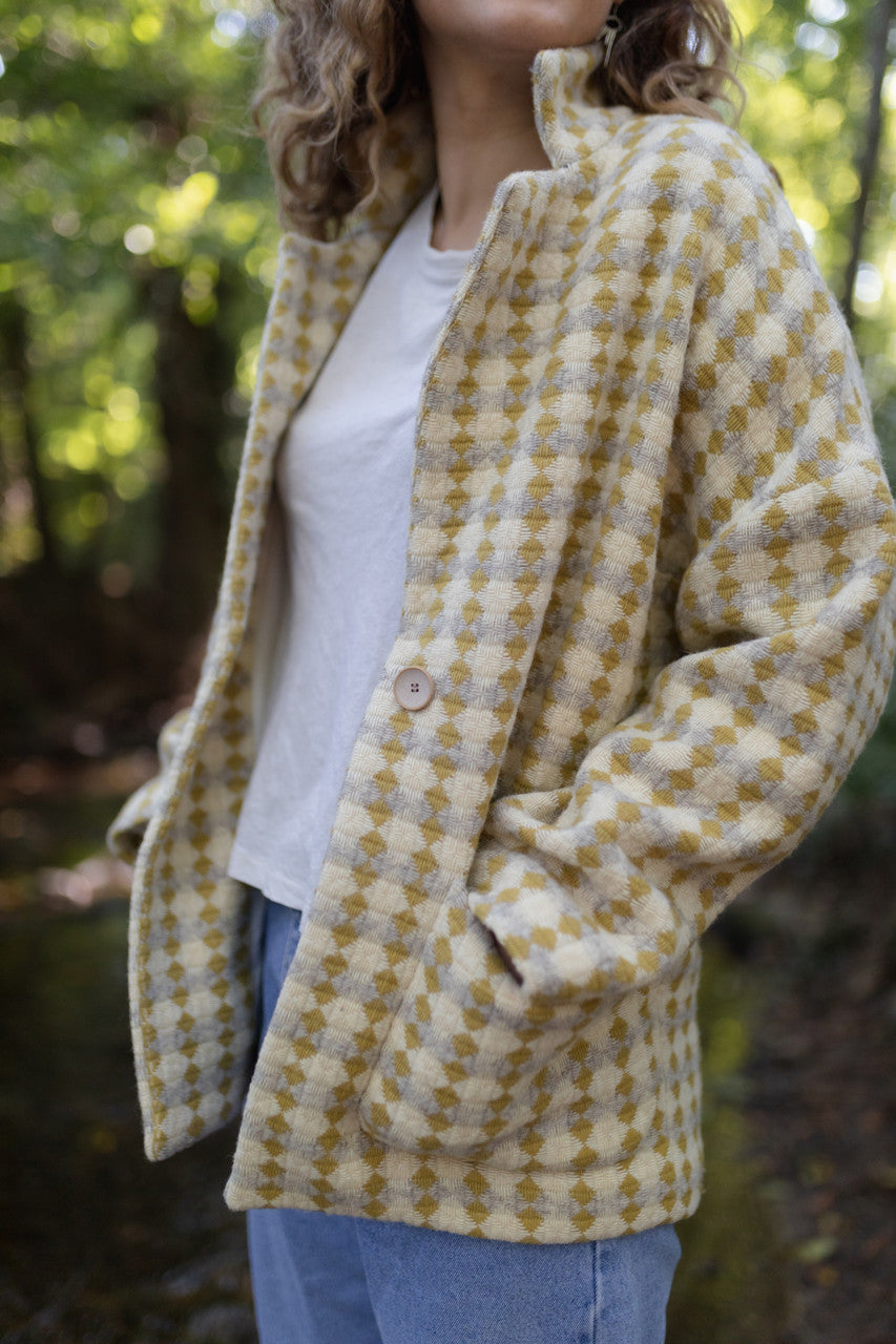 Portuguese Wool Pieper Coat in Mustard/Light Grey and Cream Check Made to Order