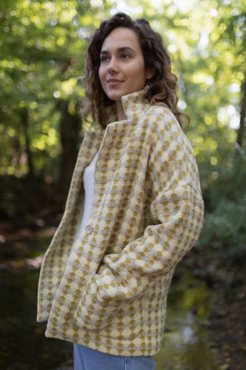 Portuguese Wool Pieper Coat in Mustard/Light Grey and Cream Check Made to Order