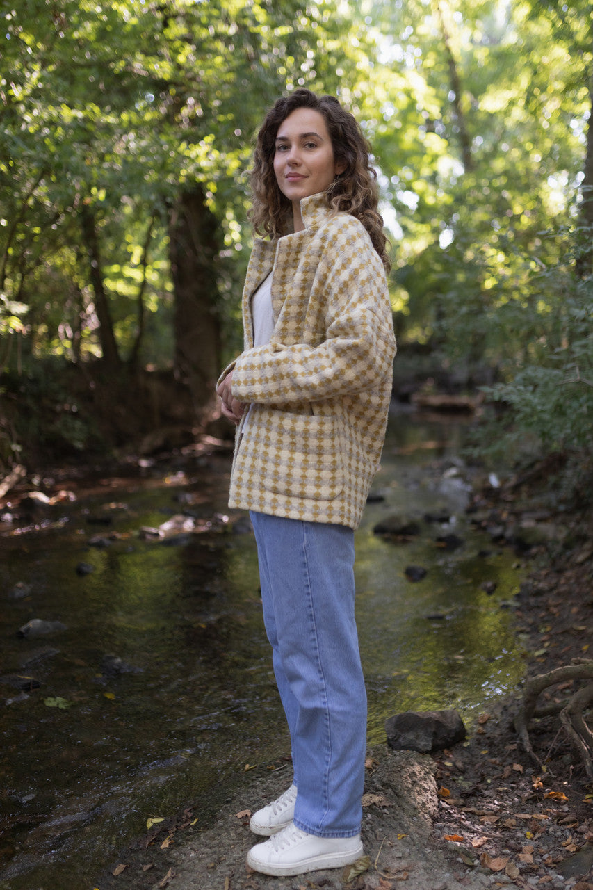 Portuguese Wool Pieper Coat in Mustard/Light Grey and Cream Check Made to Order