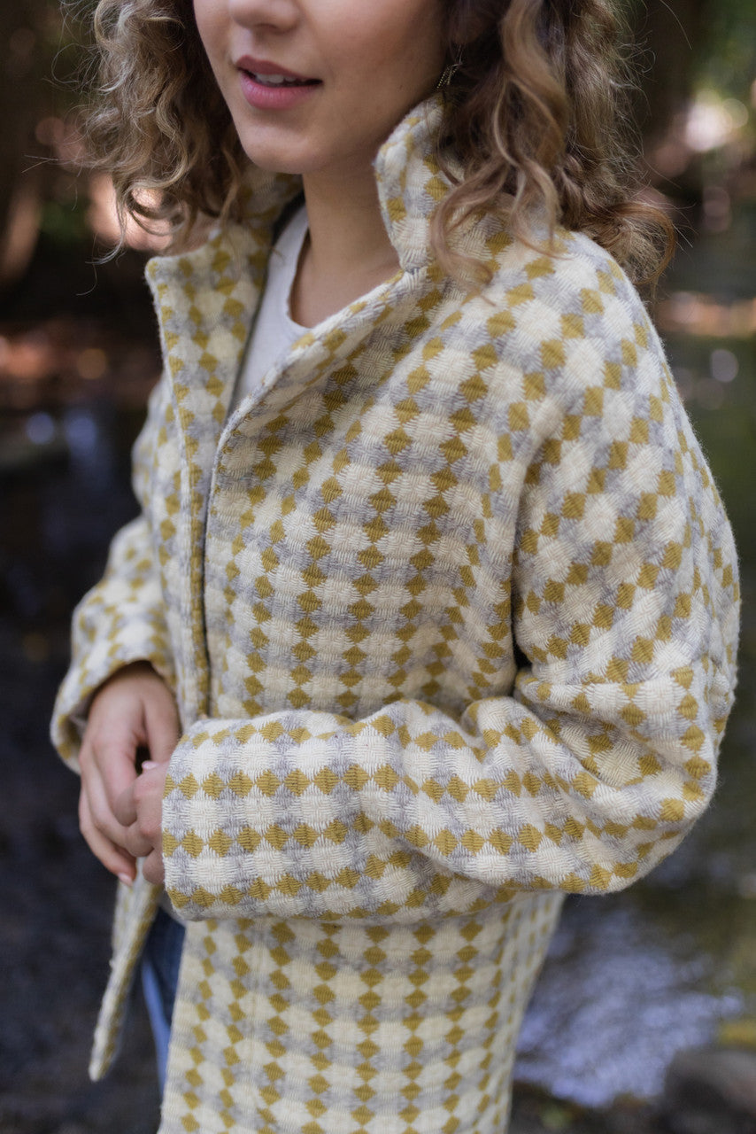 Portuguese Wool Pieper Coat in Mustard/Light Grey and Cream Check Made to Order