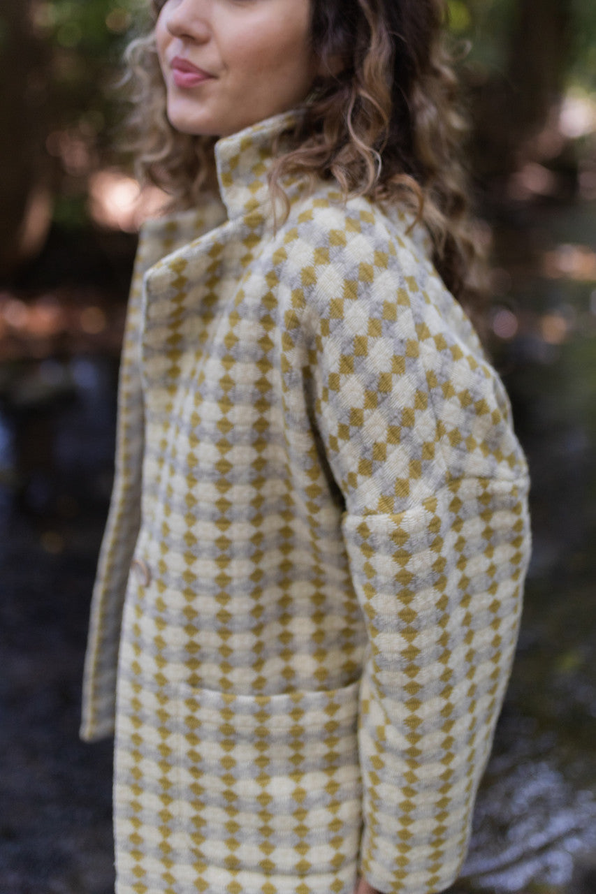 Portuguese Wool Pieper Coat in Mustard/Light Grey and Cream Check Made to Order
