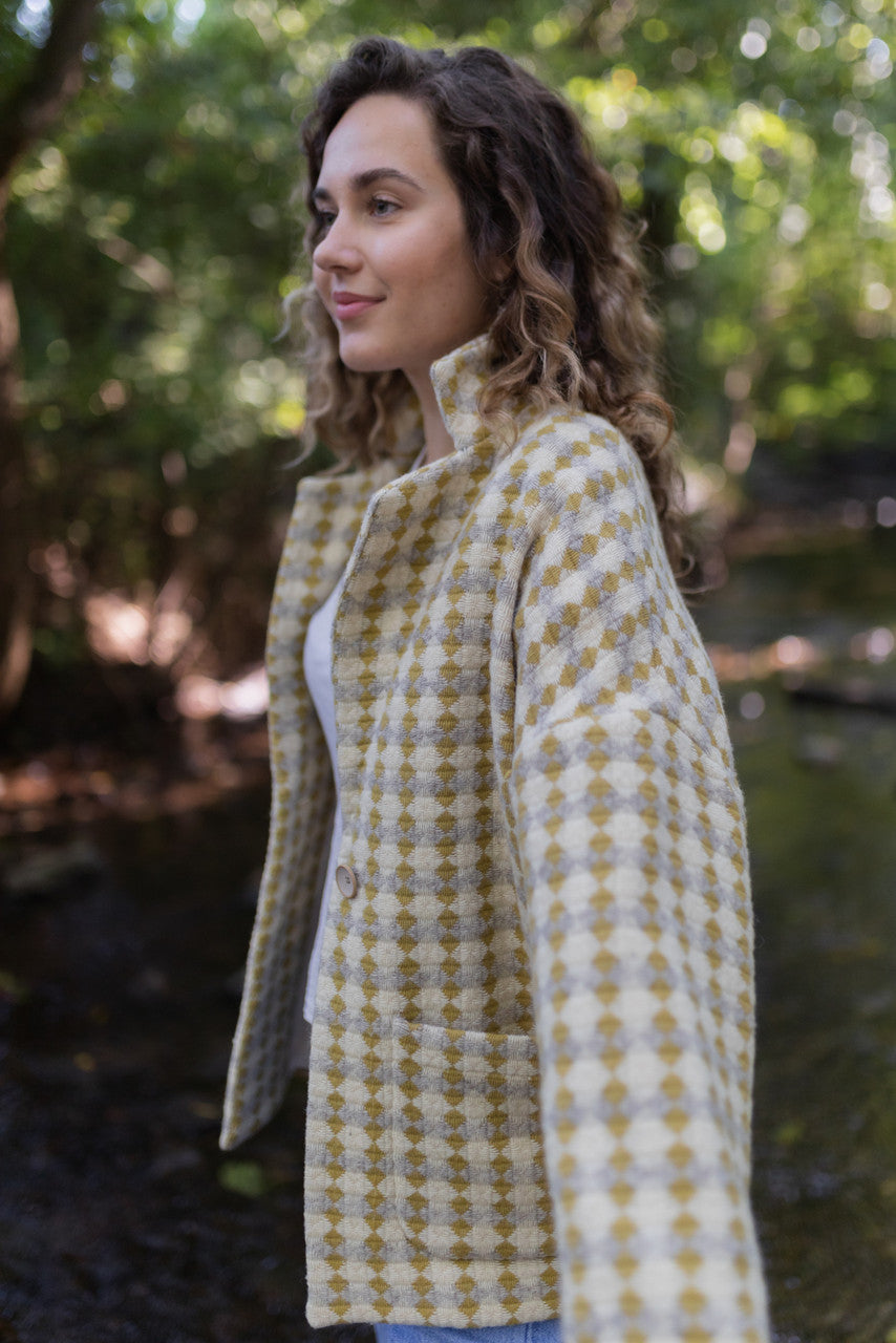 Portuguese Wool Pieper Coat in Mustard/Light Grey and Cream Check Made to Order