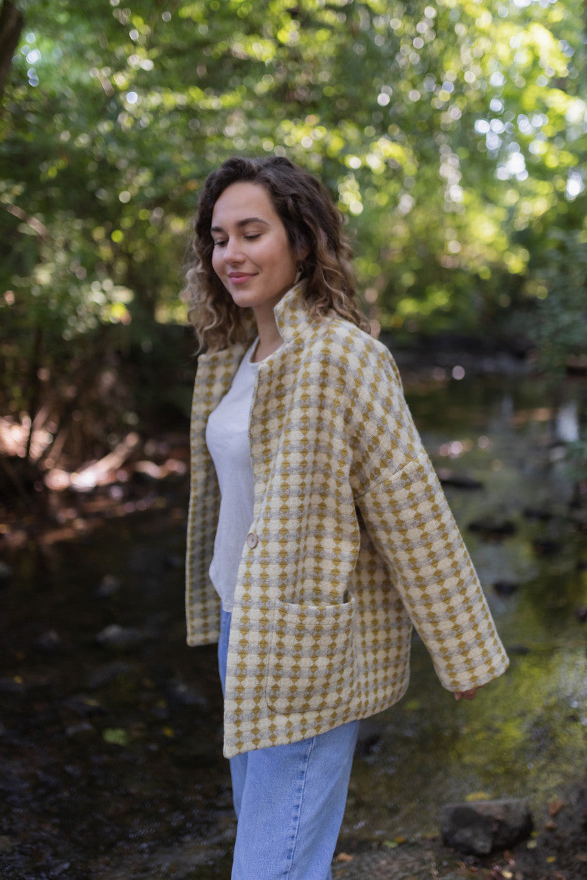 Portuguese Wool Pieper Coat in Mustard/Light Grey and Cream Check Made to Order