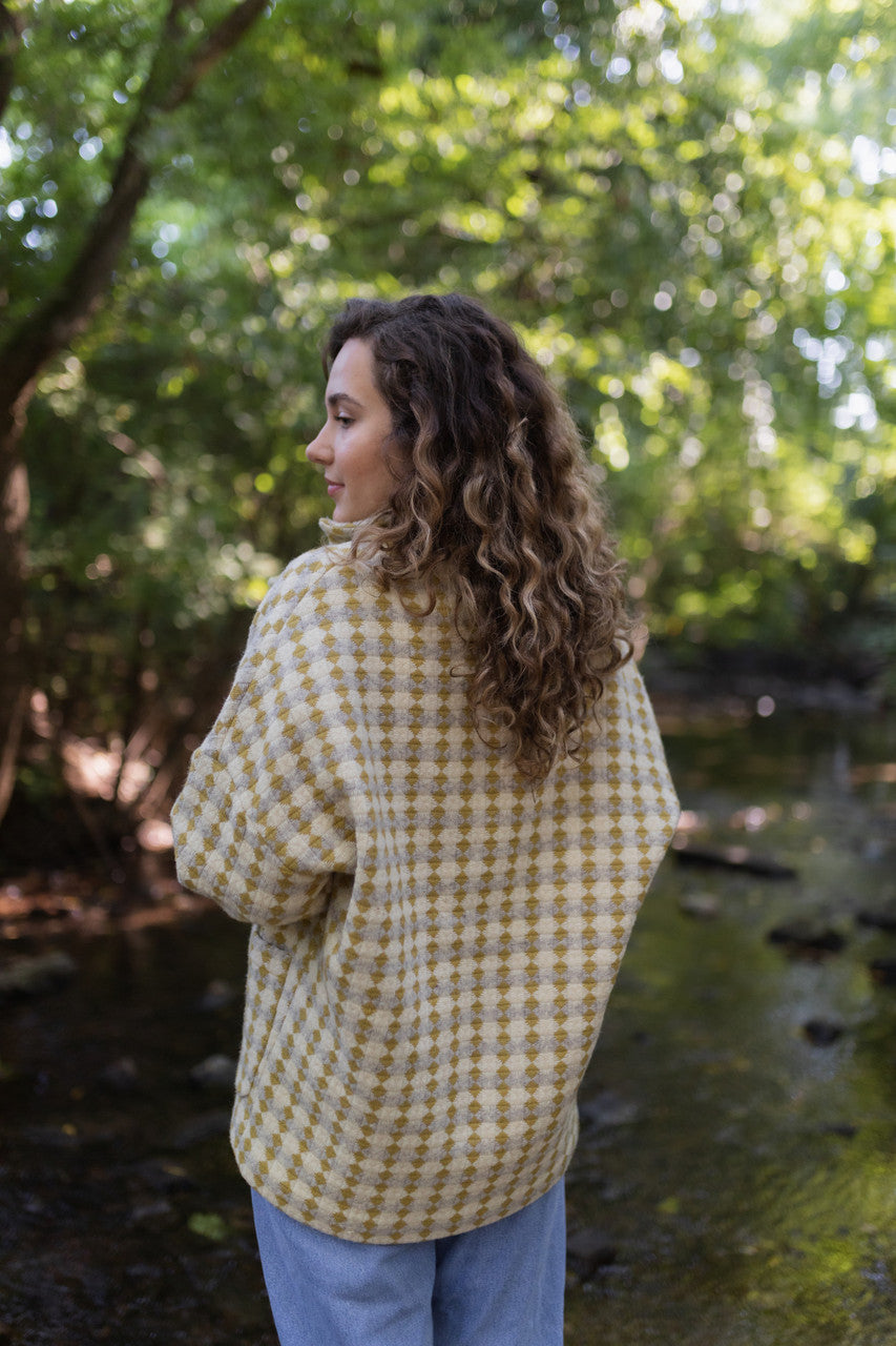 Portuguese Wool Pieper Coat in Mustard/Light Grey and Cream Check Made to Order