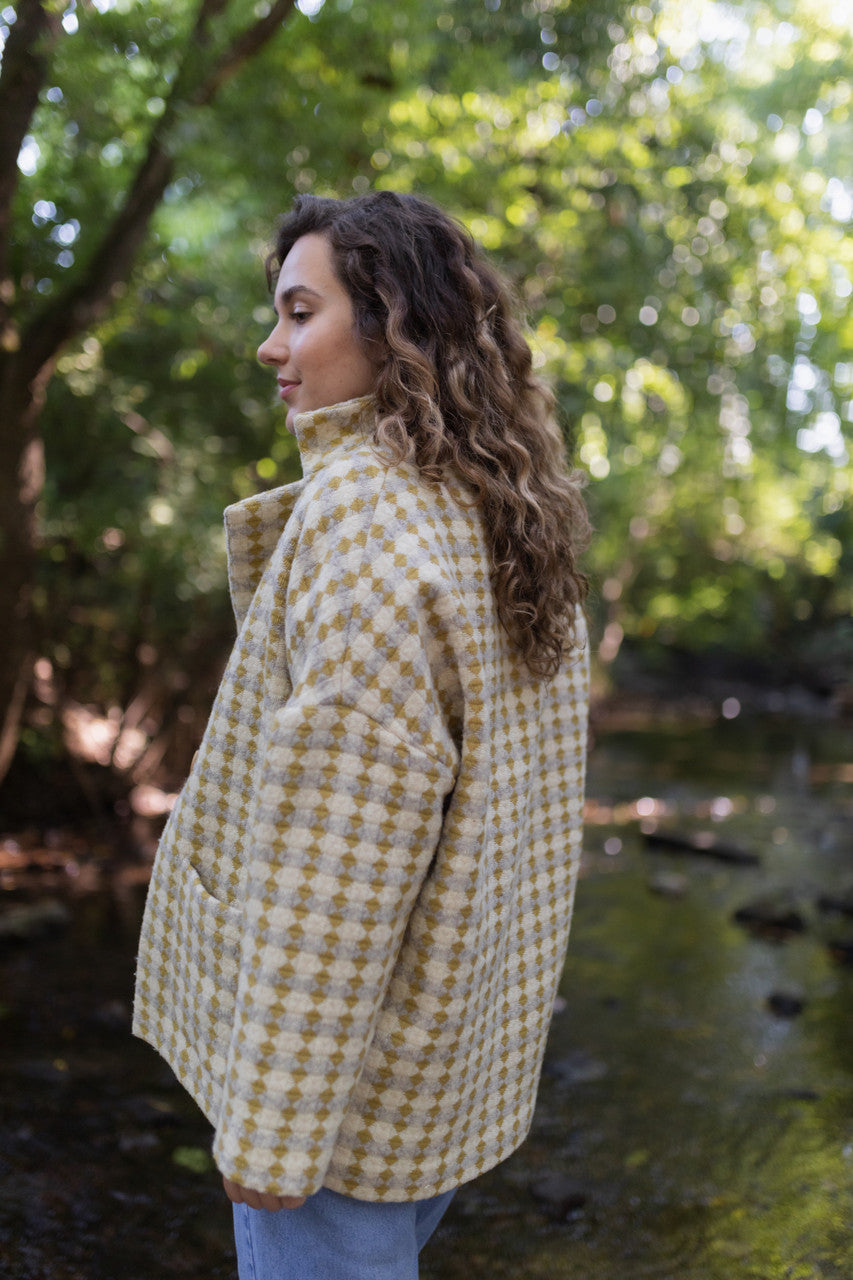 Portuguese Wool Pieper Coat in Mustard/Light Grey and Cream Check Made to Order