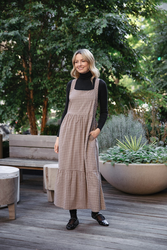 Long Lena Tiered Dress in Beige Plaid - M Left