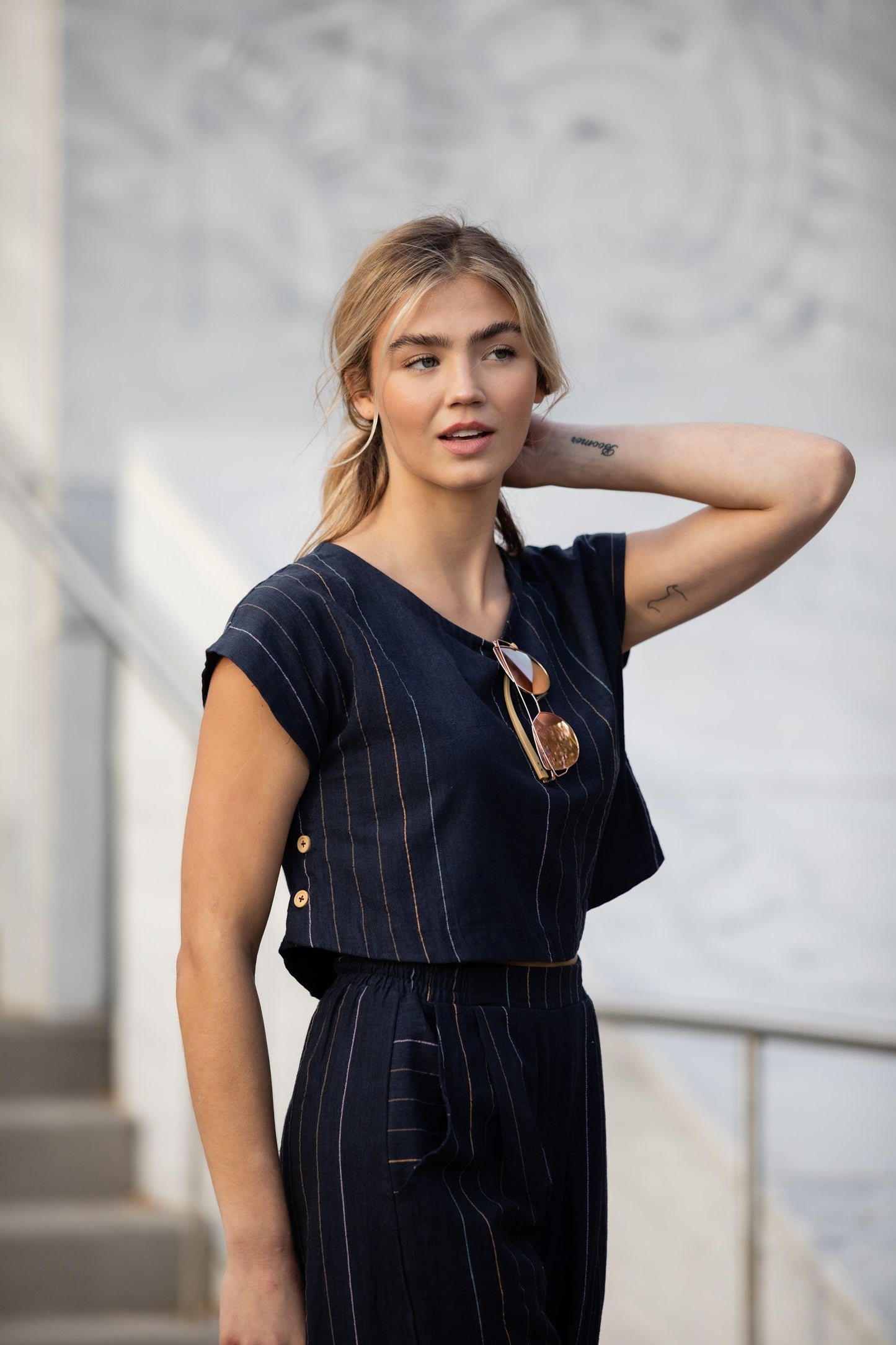 Katie Handwoven Cotton Set in Navy Pin Stripe - Pants in Multiple Sizes and XXL Set Left