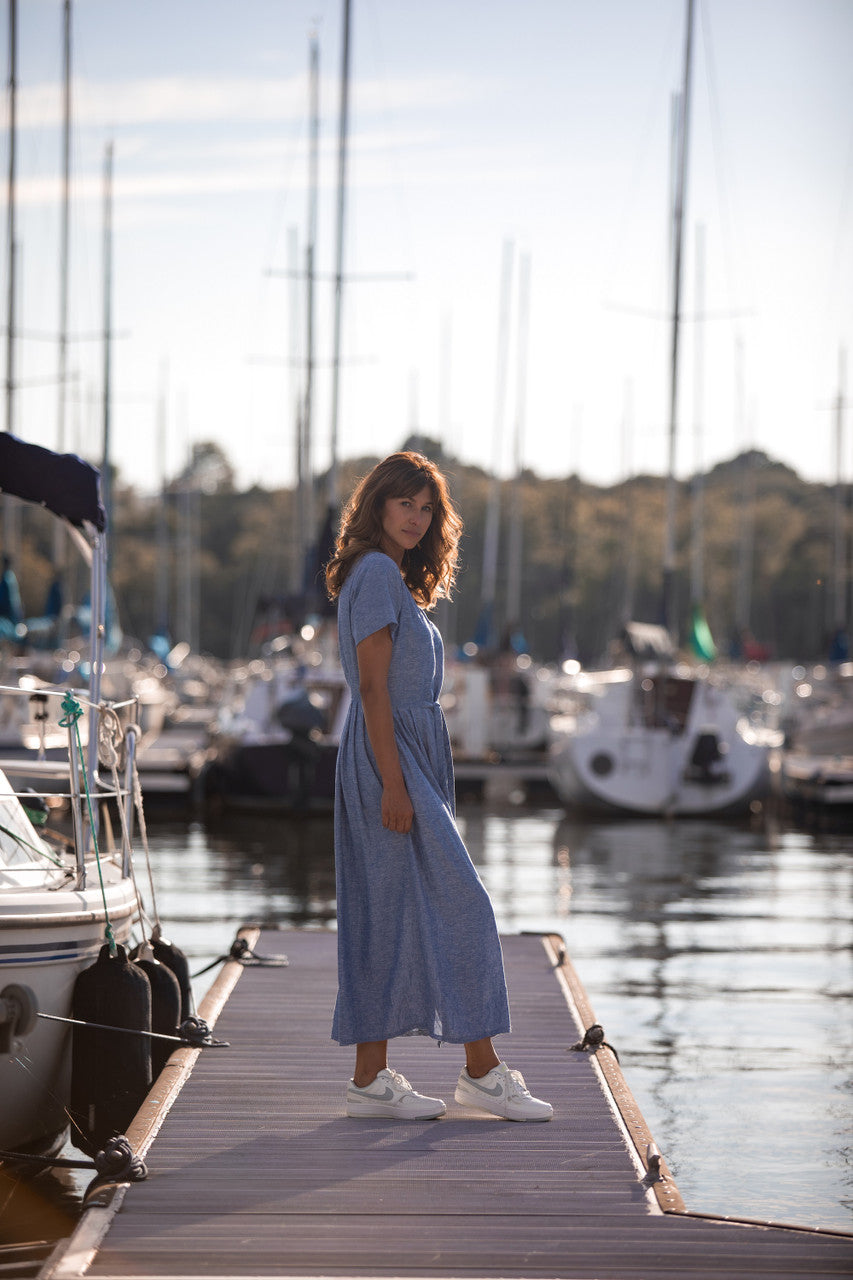 June Dress in Light Blue Linen/Cotton Made to Order