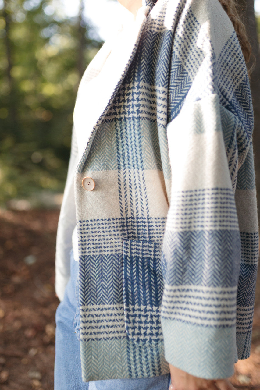 Portuguese Wool Pieper Coat in Cream and Blue Plaid Made to Order