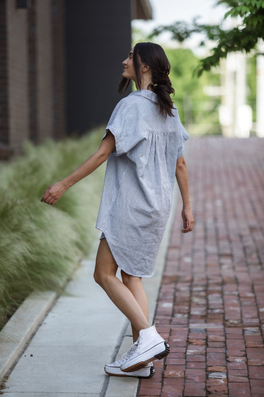 Paige Handwoven Cotton Relaxed Shirt Dress in Blue and White Pin-Stripe Made to Order