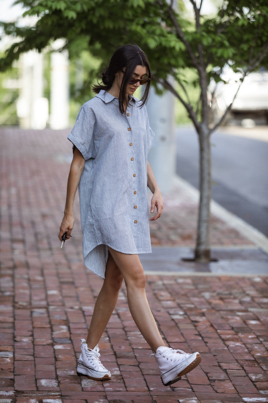 Paige Handwoven Cotton Relaxed Shirt Dress in Blue and White Pin-Stripe Made to Order