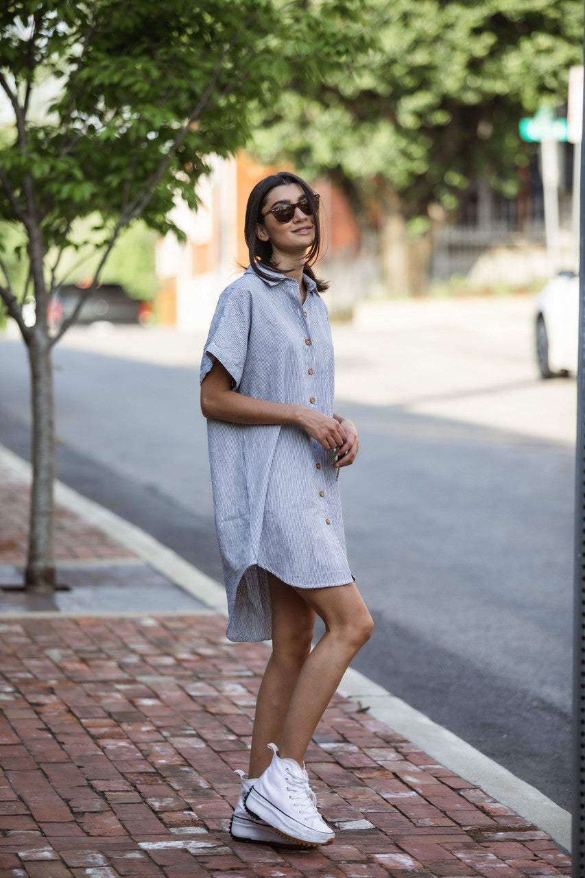 Paige Handwoven Cotton Relaxed Shirt Dress in Blue and White Pin-Stripe Made to Order