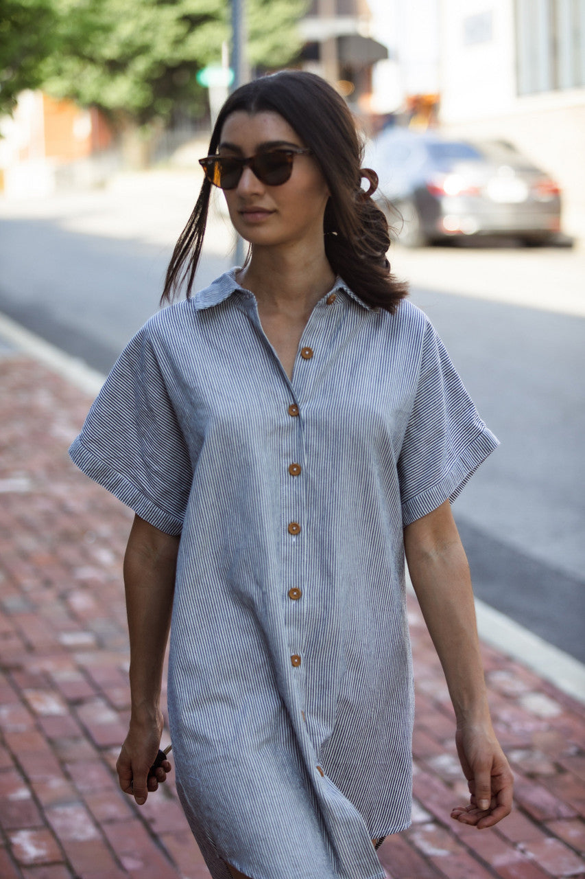Paige Handwoven Cotton Relaxed Shirt Dress in Blue and White Pin-Stripe Made to Order