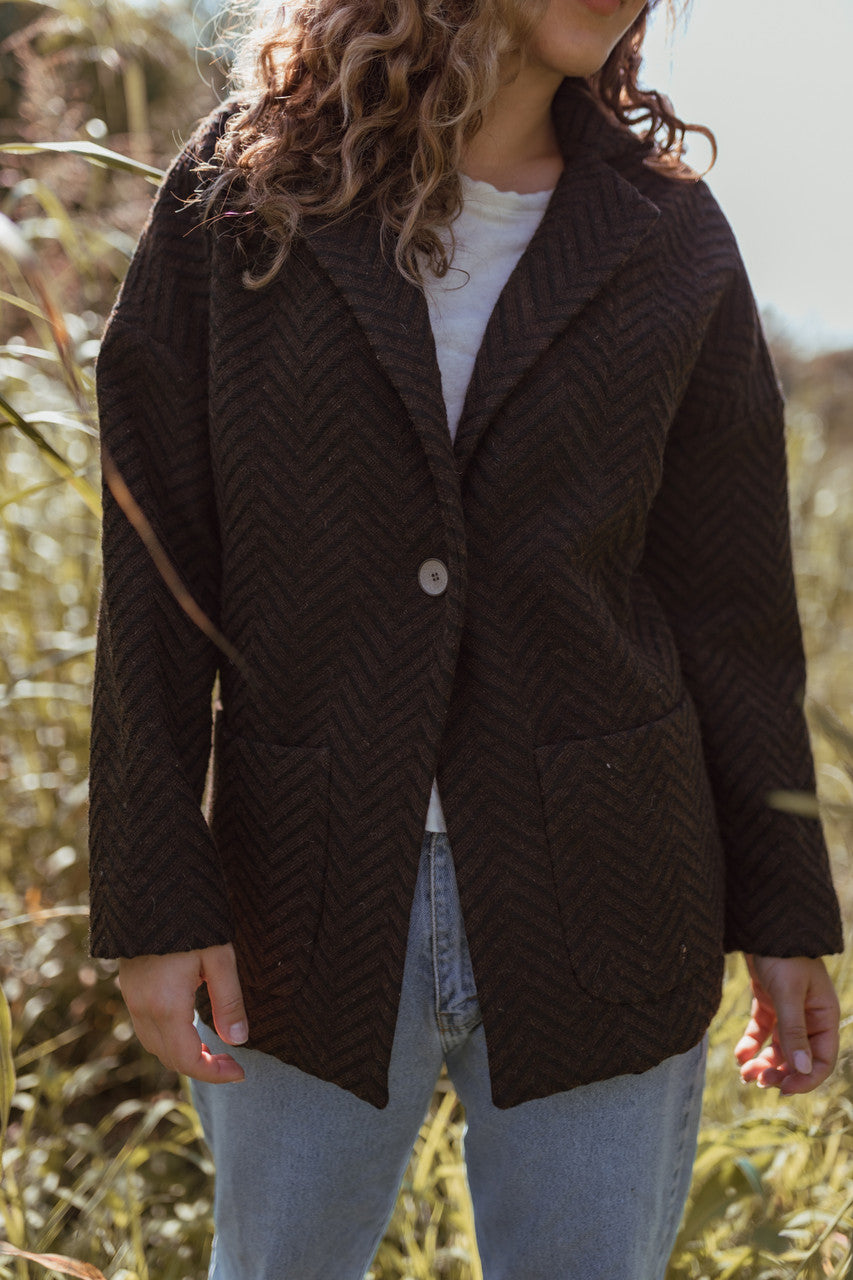 Portuguese Wool Pieper Coat in Black and Brown Herringbone Made to Order