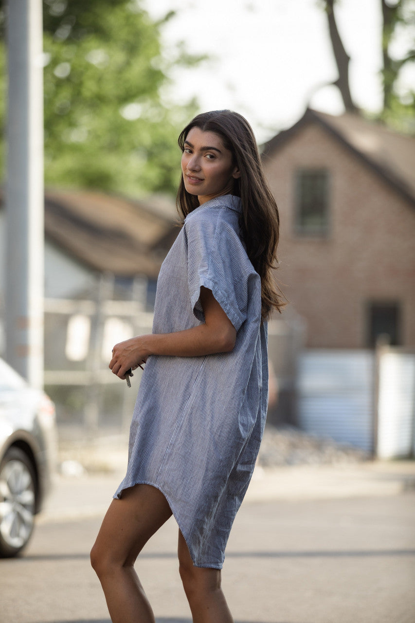 Paige Handwoven Cotton Relaxed Shirt Dress in Blue and White Pin-Stripe Made to Order