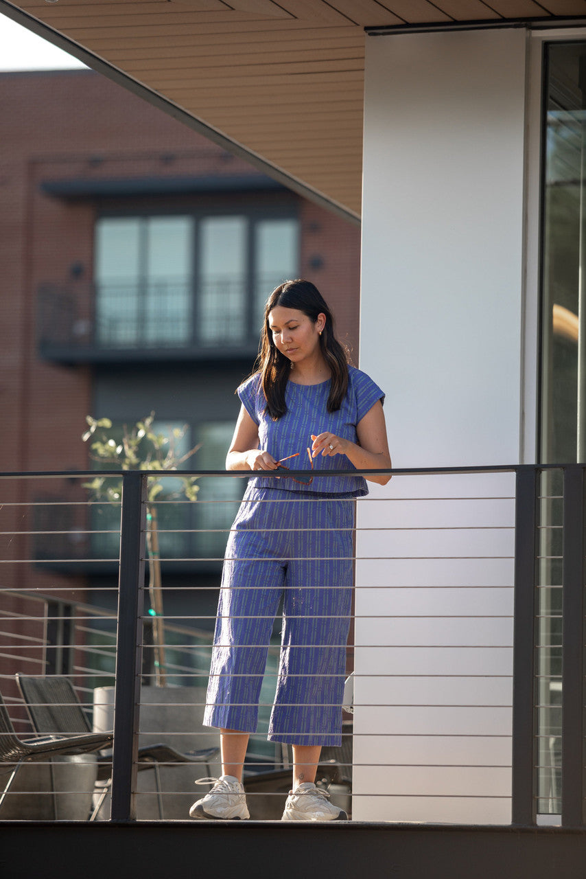 Katie Handwoven Cotton Periwinkle and Silver Separates - M Cropped Pants