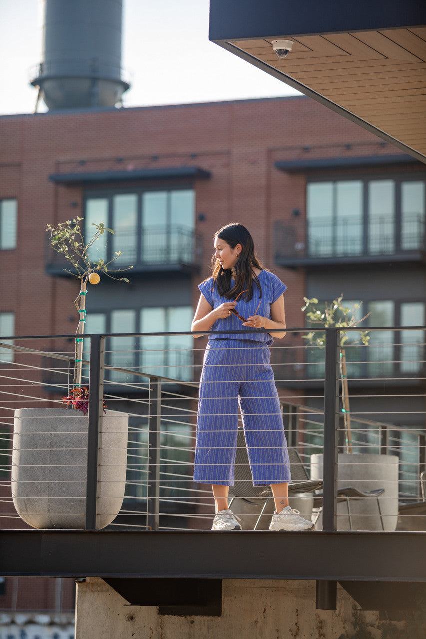 Katie Handwoven Cotton Periwinkle and Silver Separates - M Cropped Pants