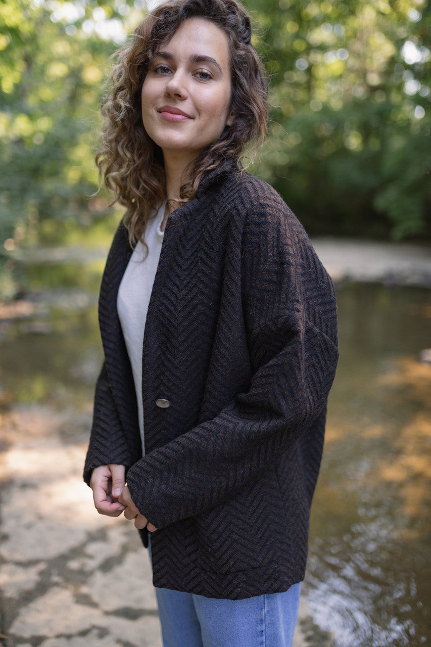 Portuguese Wool Pieper Coat in Black and Brown Herringbone Made to Order