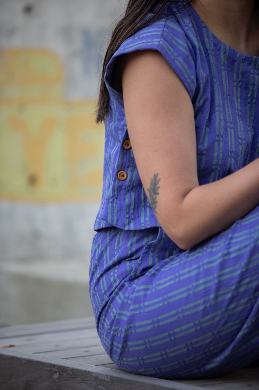 Katie Handwoven Cotton Periwinkle and Silver Separates - M Cropped Pants