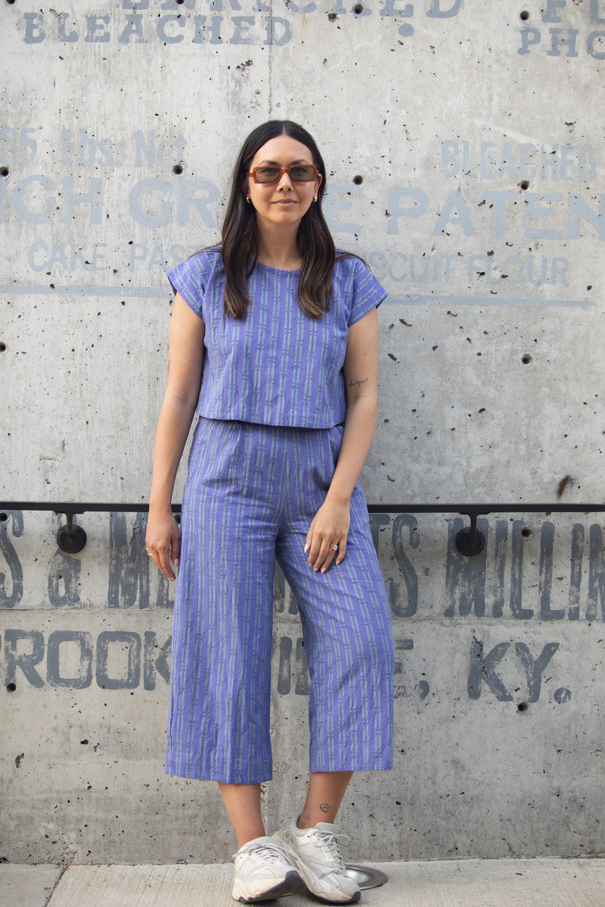 Katie Handwoven Cotton Periwinkle and Silver Separates - M Cropped Pants
