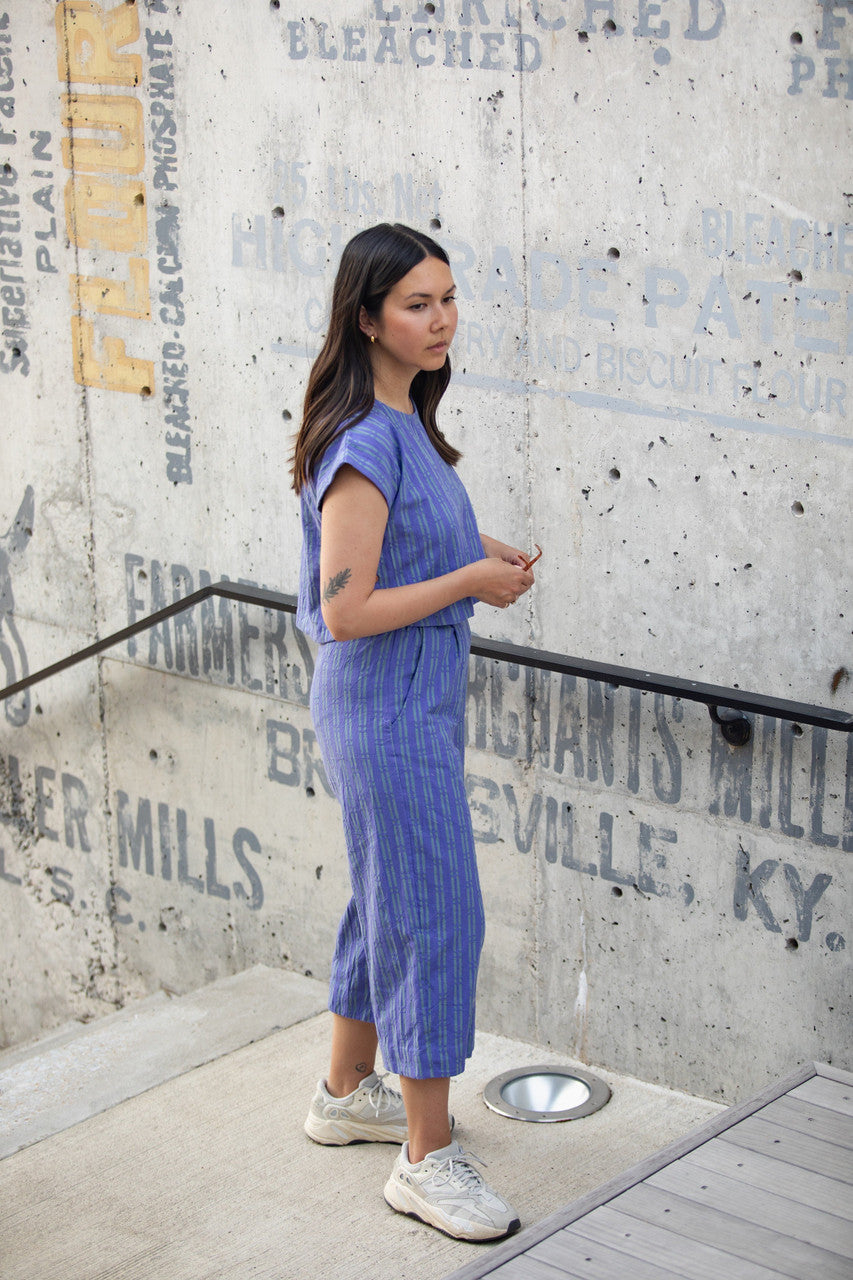 Katie Handwoven Cotton Periwinkle and Silver Separates - M Cropped Pants