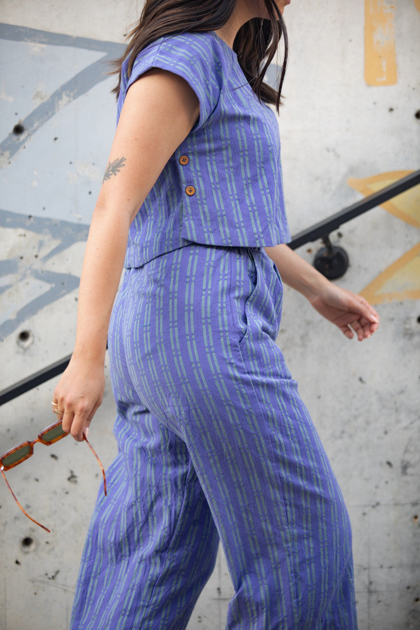 Katie Handwoven Cotton Periwinkle and Silver Separates - M Cropped Pants