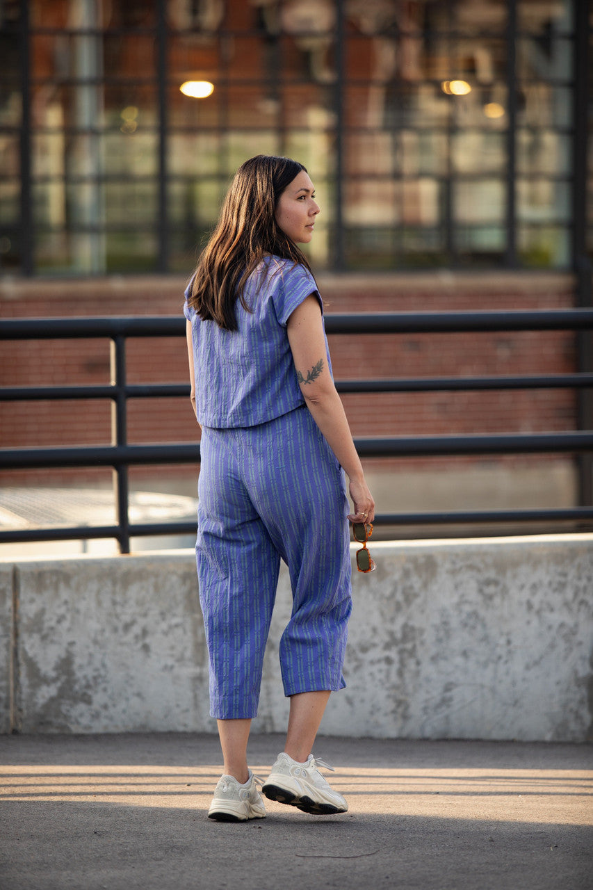Katie Handwoven Cotton Periwinkle and Silver Separates - M Cropped Pants