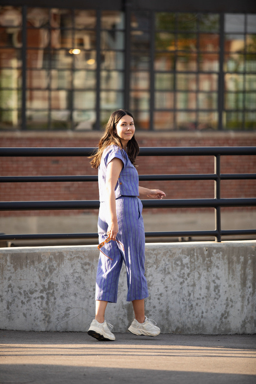 Katie Handwoven Cotton Periwinkle and Silver Separates - M Cropped Pants