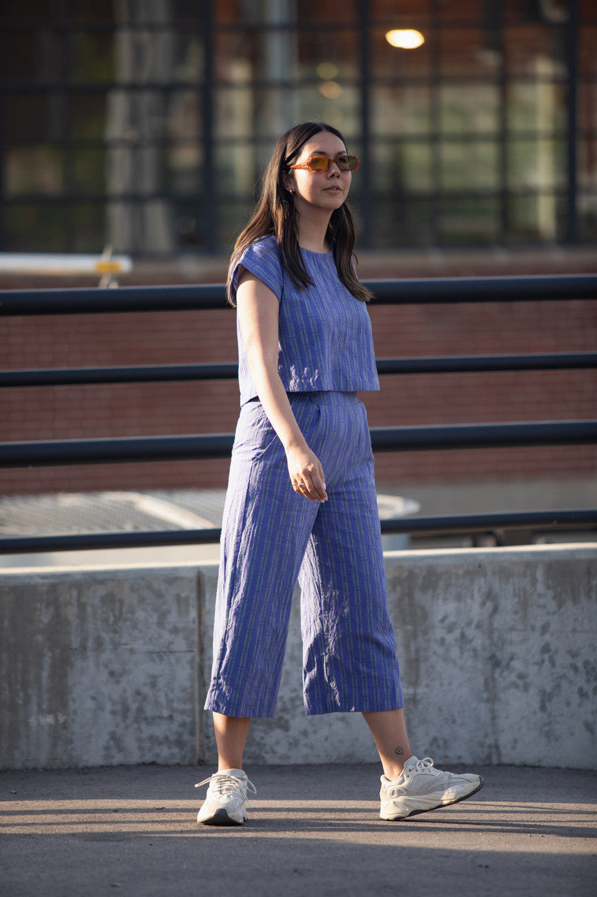 Katie Handwoven Cotton Periwinkle and Silver Separates - M Cropped Pants