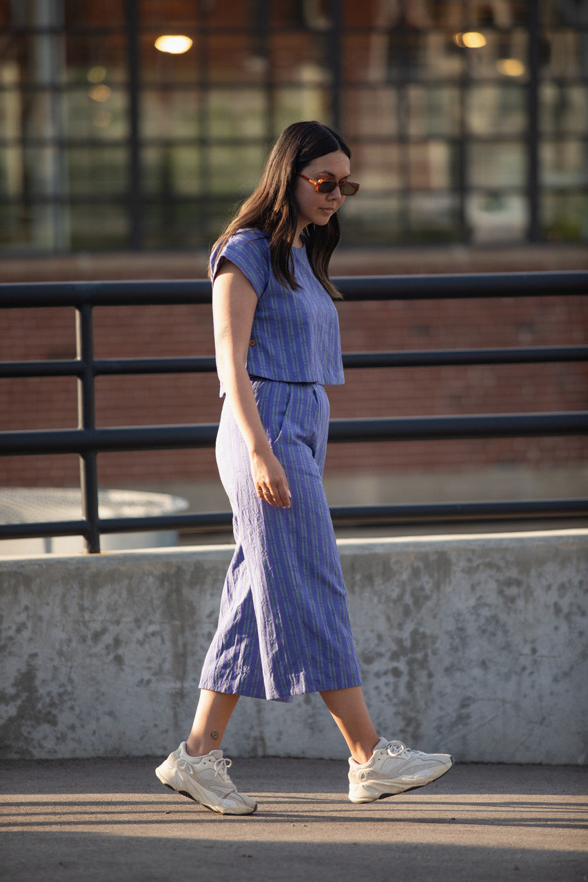 Katie Handwoven Cotton Periwinkle and Silver Separates - M Cropped Pants