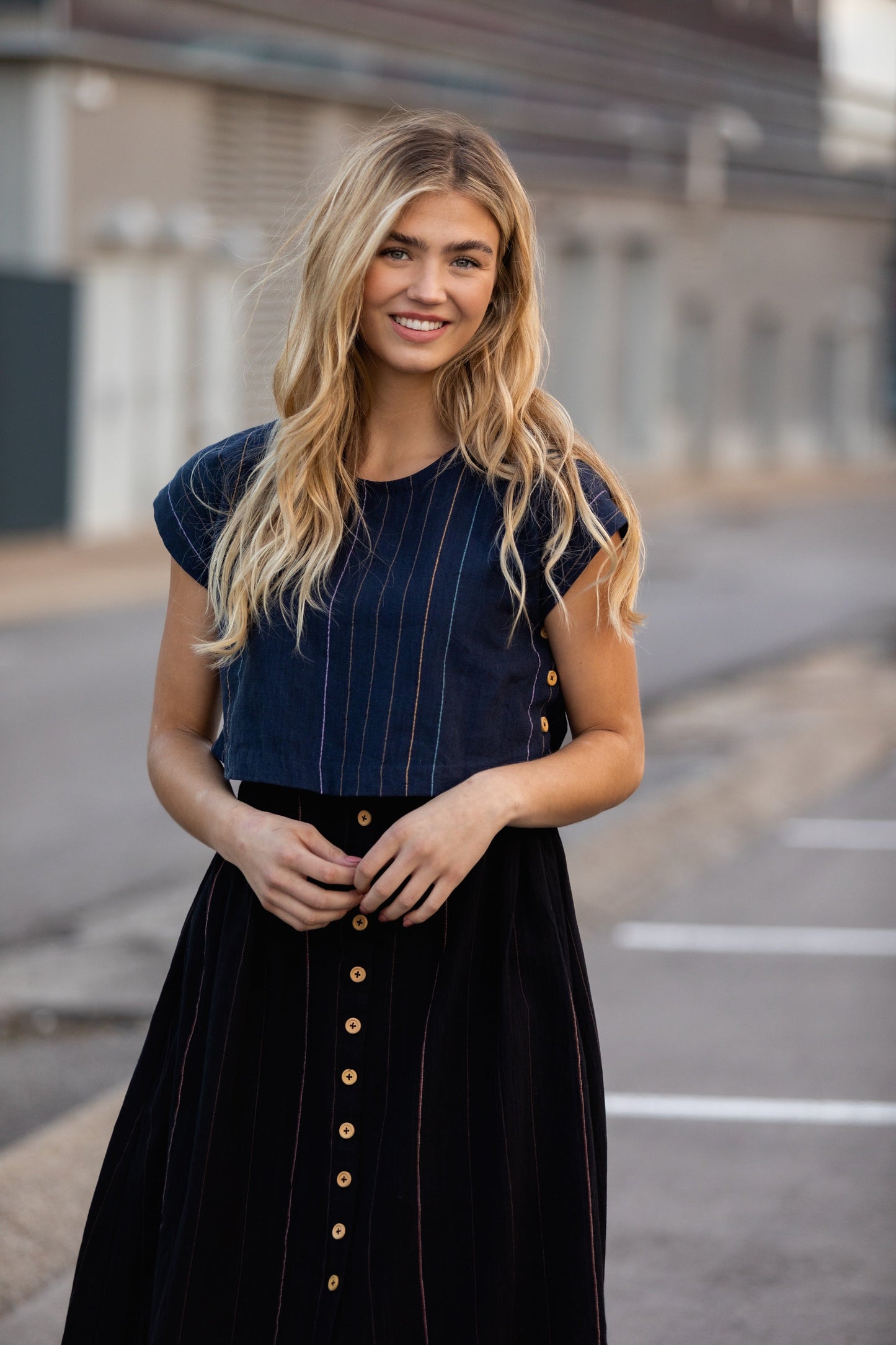 Katie Handwoven Cotton Set in Navy Pin Stripe - Pants in Multiple Sizes and XXL Set Left