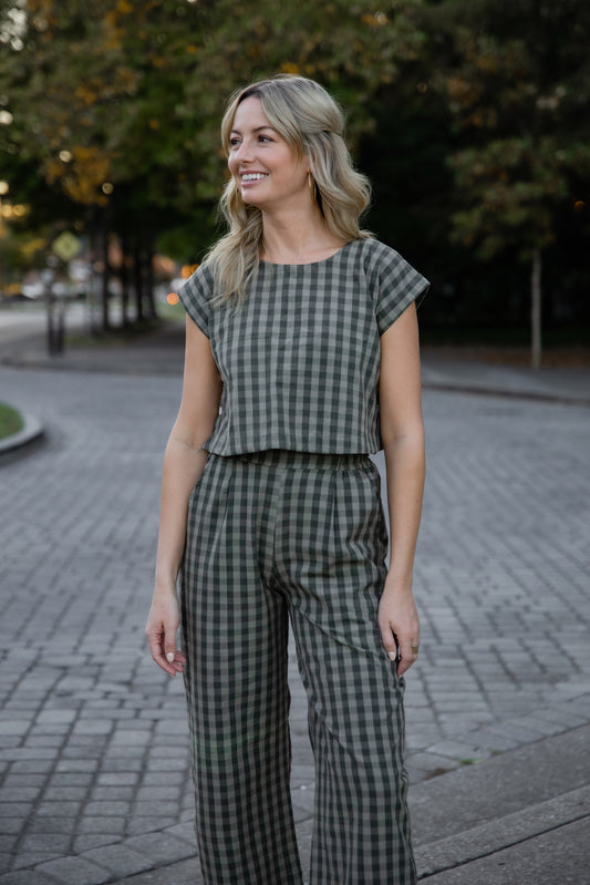 Katie Handwoven Cotton Set in Green Gingham - XXL Pants, M Shirt Left