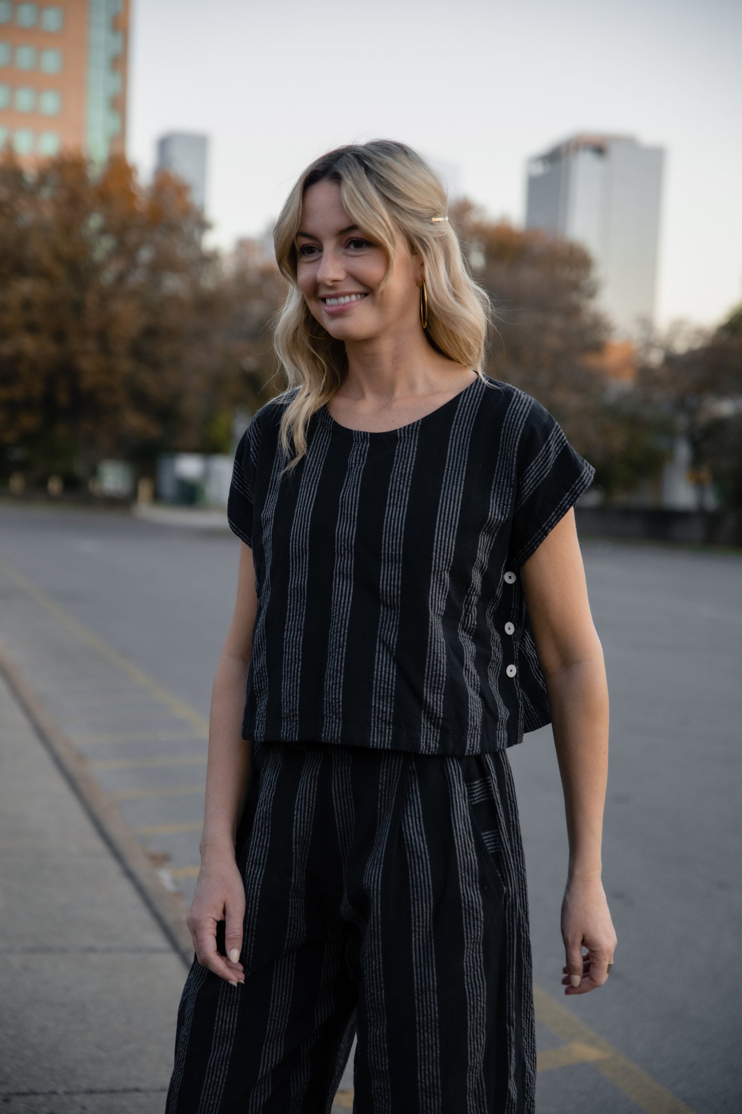 Katie Handwoven Cotton Set in Black and White Stripe - XS Shirt Left