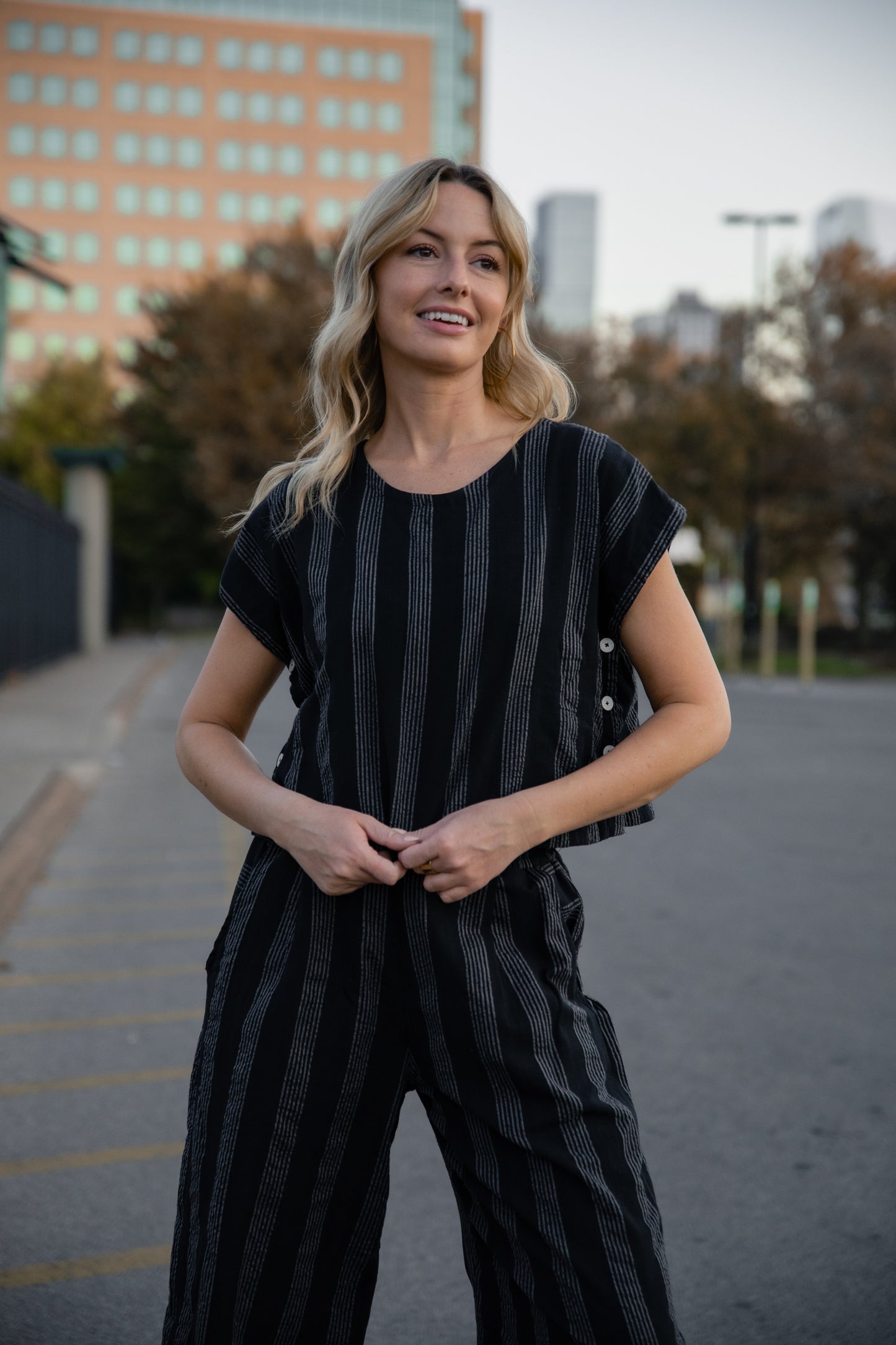 Katie Handwoven Cotton Set in Black and White Stripe - XS Shirt Left