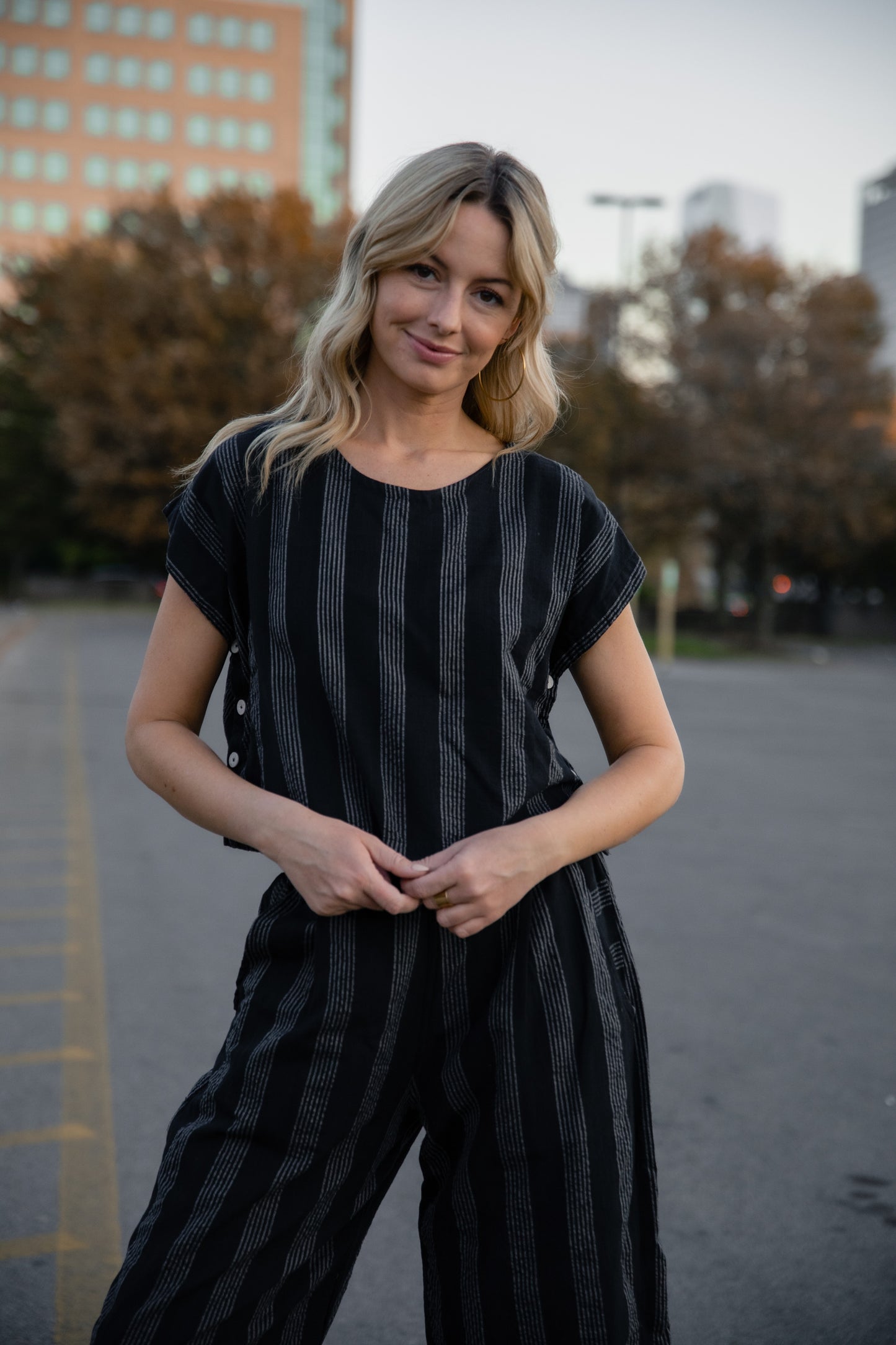 Katie Handwoven Cotton Set in Black and White Stripe - XS Shirt Left