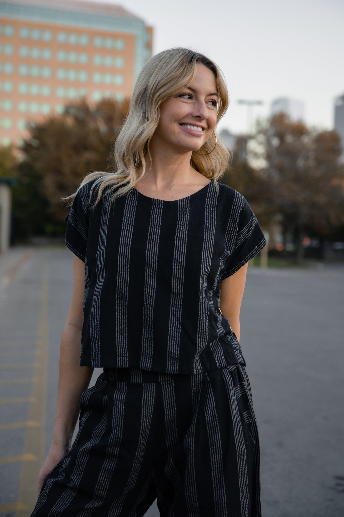 Katie Handwoven Cotton Set in Black and White Stripe - XS Shirt Left