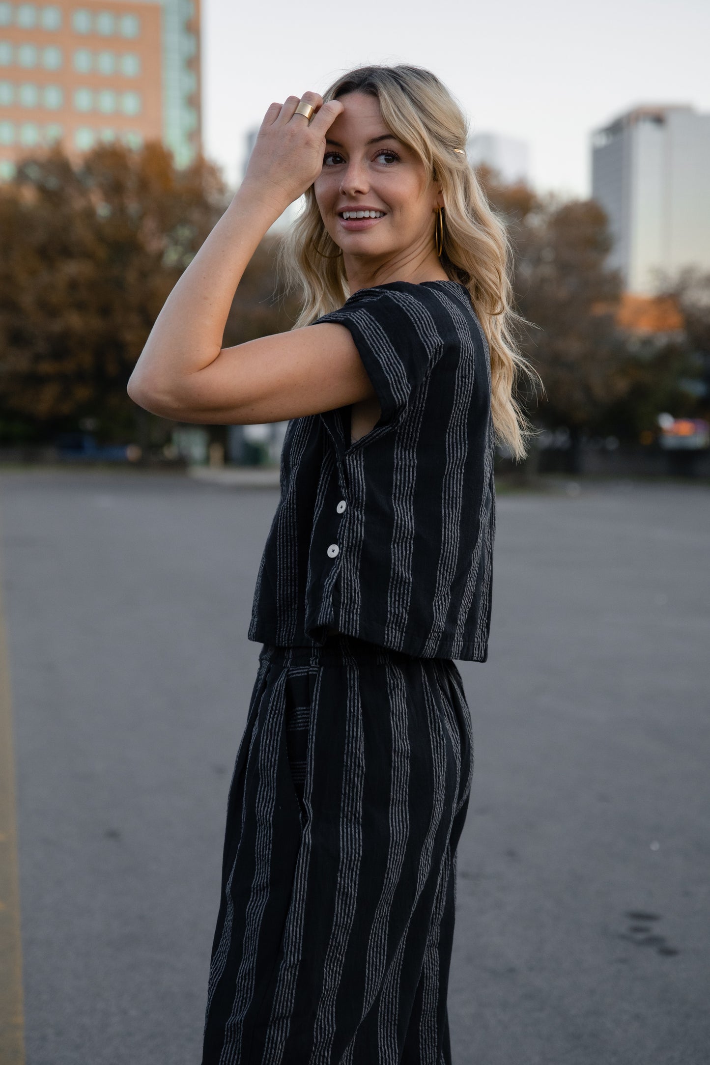Katie Handwoven Cotton Set in Black and White Stripe - XS Shirt Left