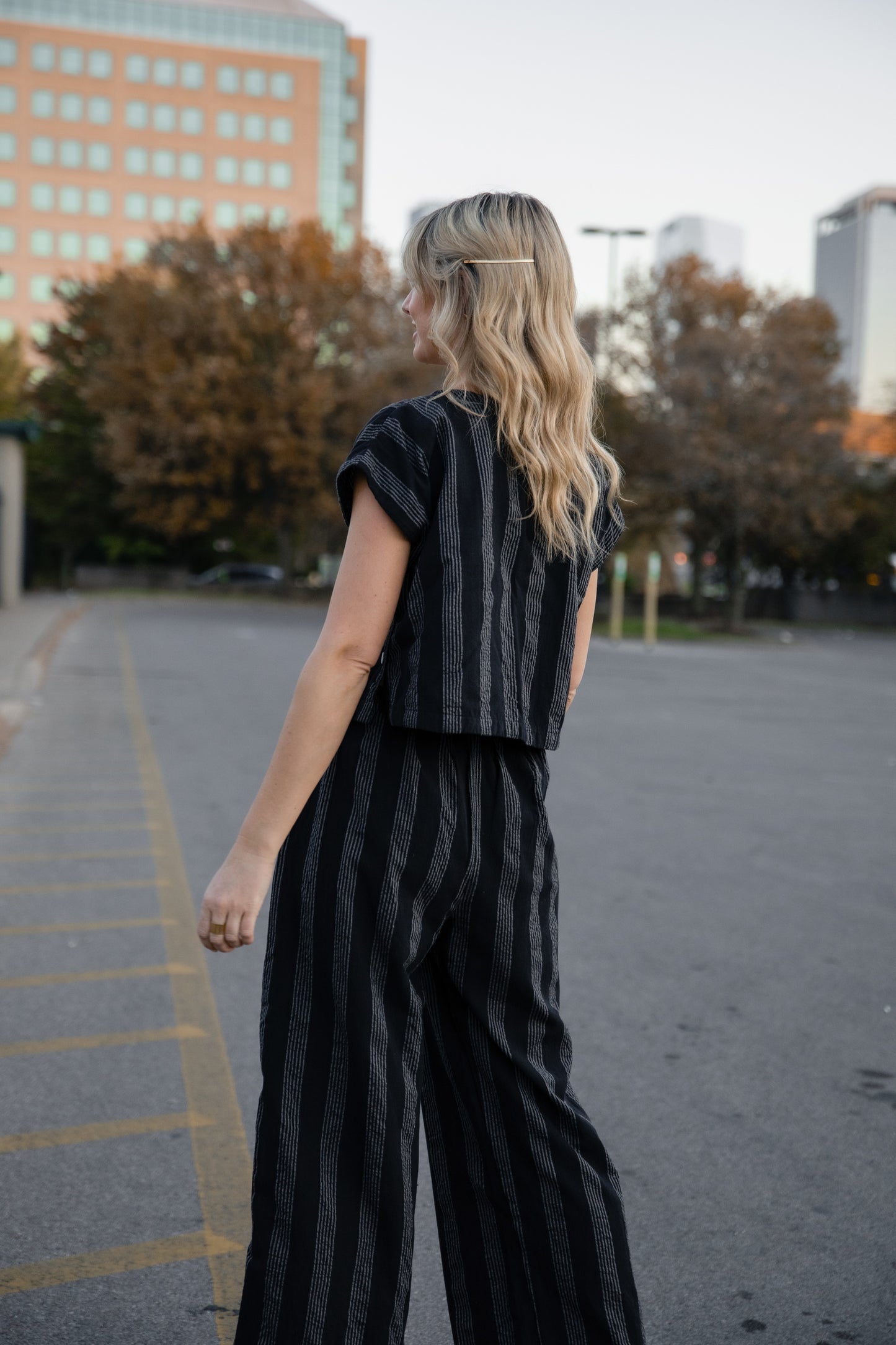 Katie Handwoven Cotton Set in Black and White Stripe - XS Shirt Left
