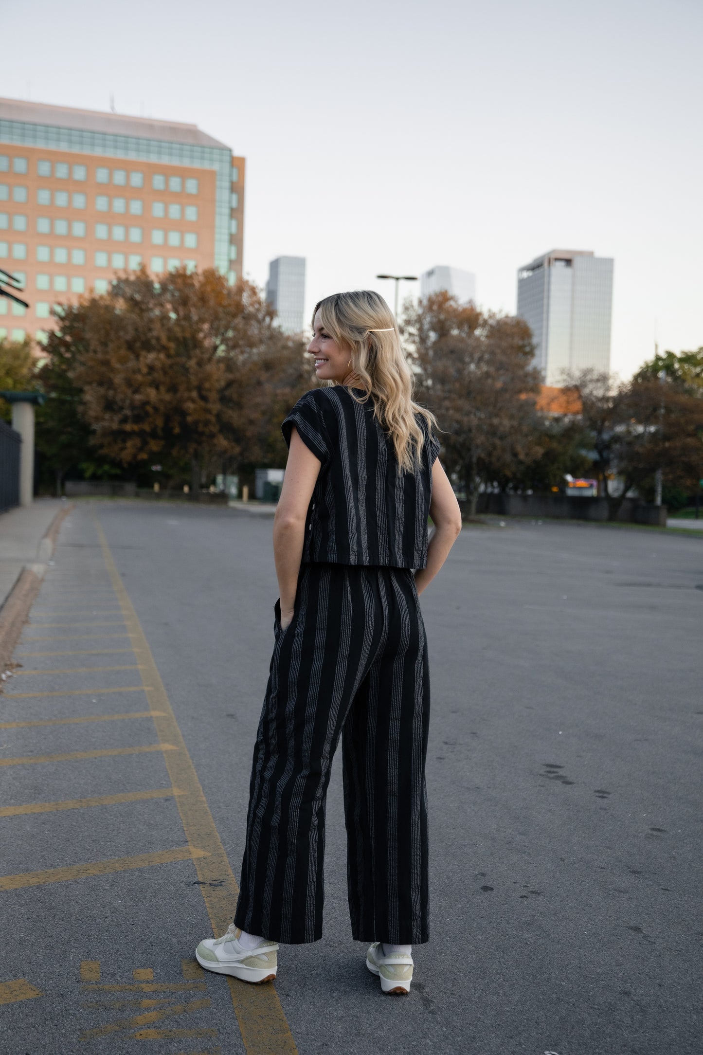 Katie Handwoven Cotton Set in Black and White Stripe - XS Shirt Left