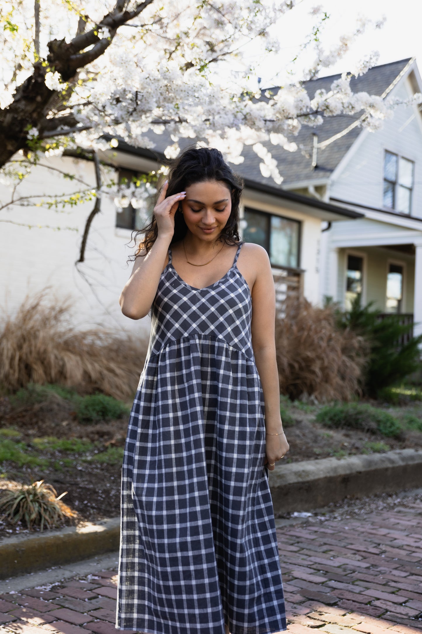 Linen Faro Dress in Grey and White Plaid