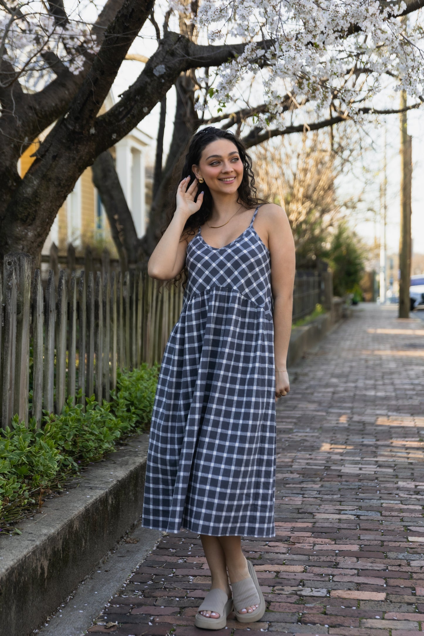 Linen Faro Dress in Grey and White Plaid