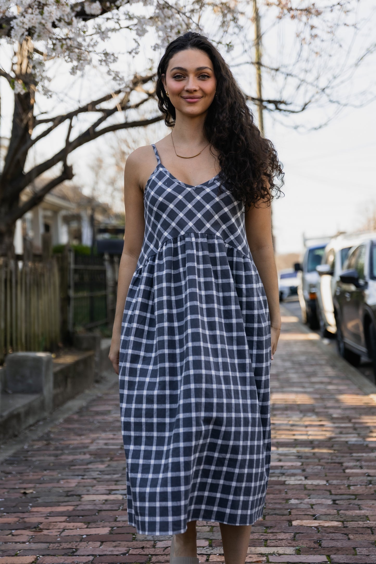 Linen Faro Dress in Grey and White Plaid