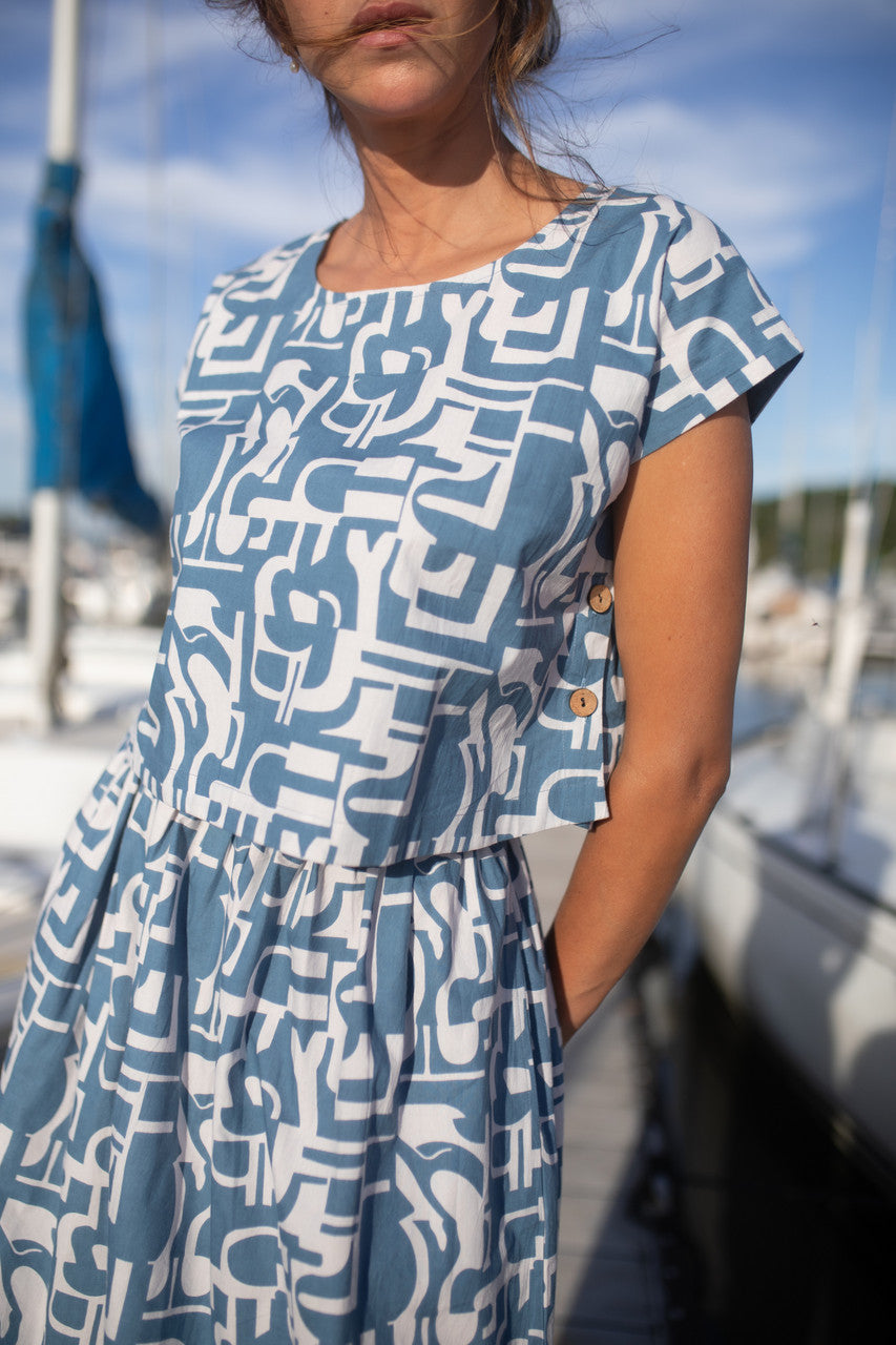 Claudia Skirt Set in Blue Geo Print Made to Order