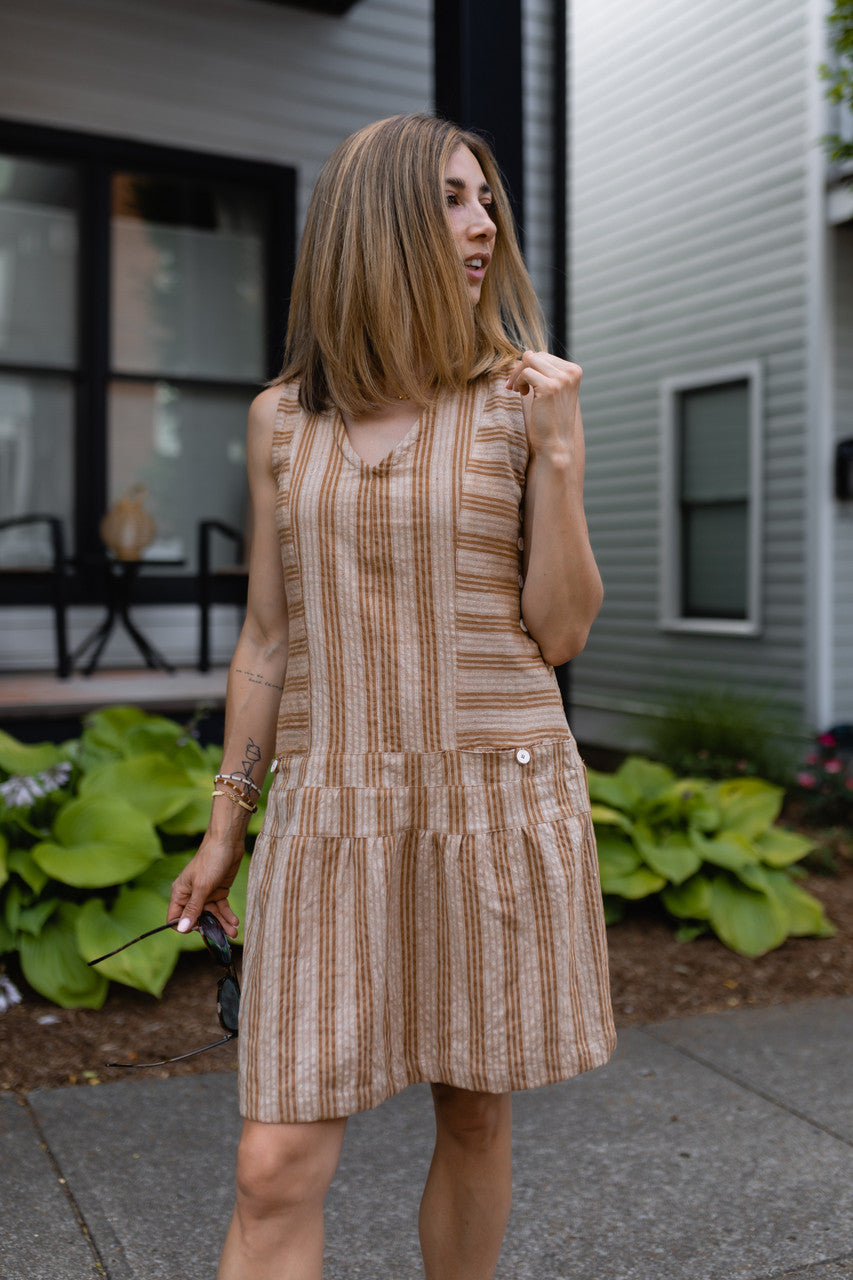 Handwoven Bina Dress in Mustard and Cream - M Left