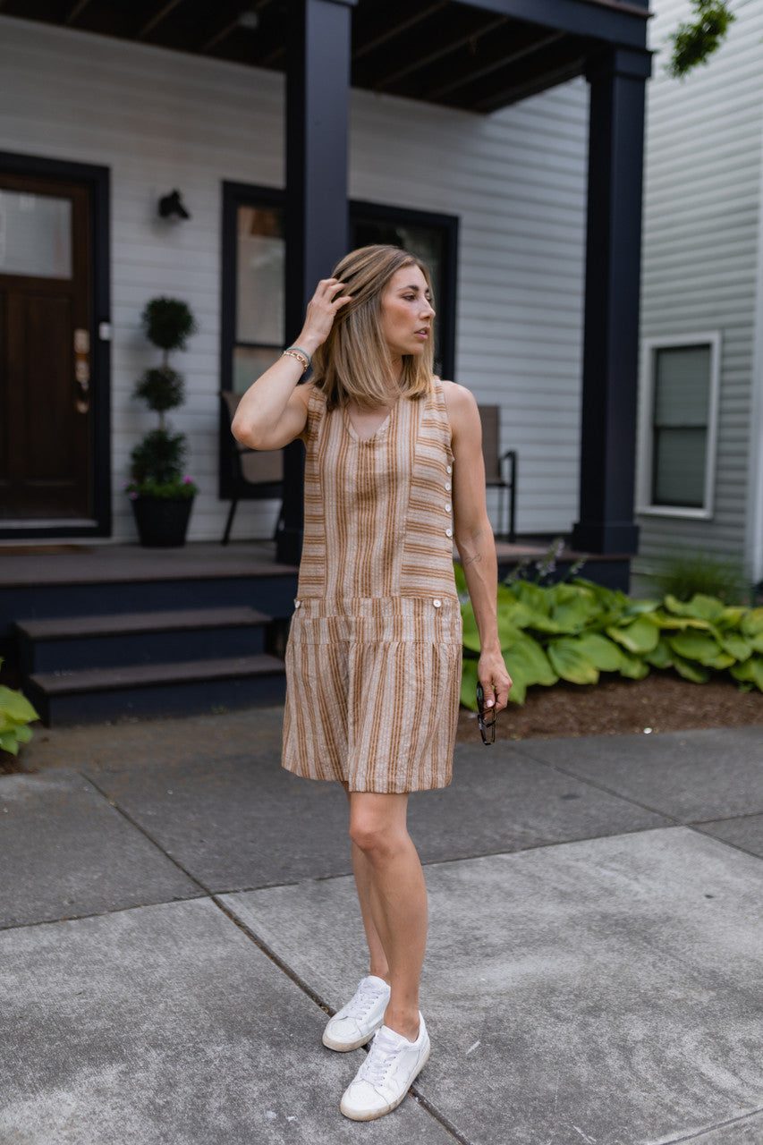 Handwoven Bina Dress in Mustard and Cream - M Left