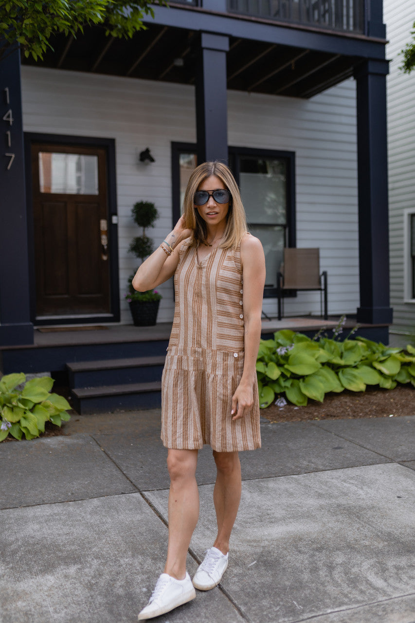 Handwoven Bina Dress in Mustard and Cream - M Left