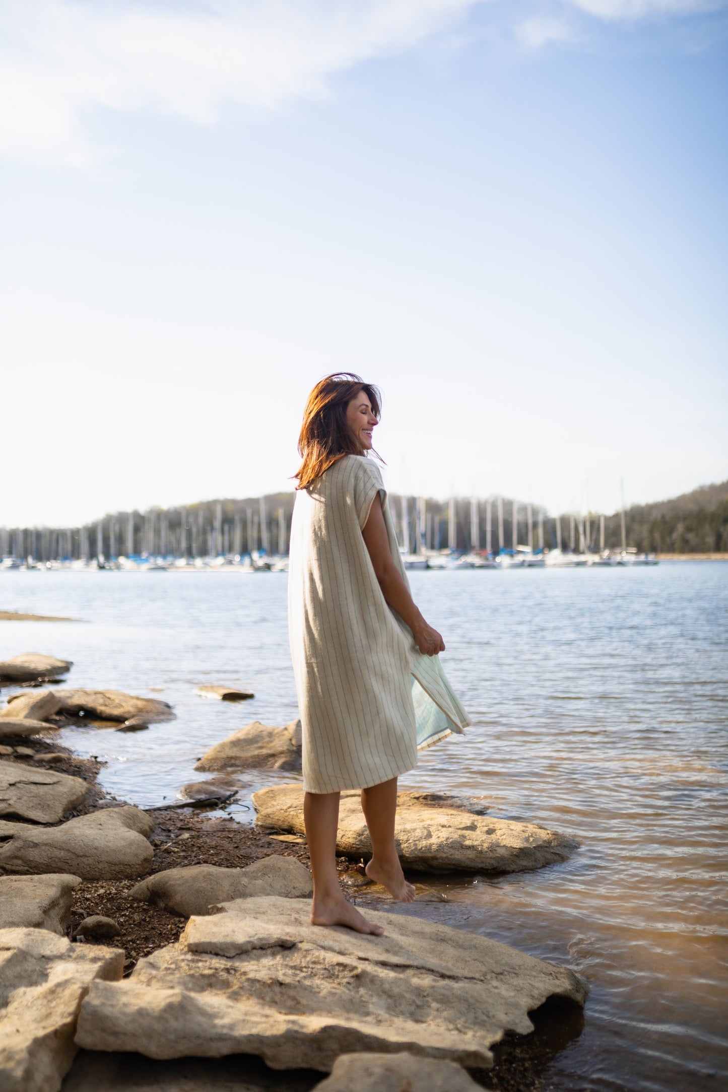 Lara Loose Weave Wool Shift Dress in Cream and Baby Blue Stripe Made to Order