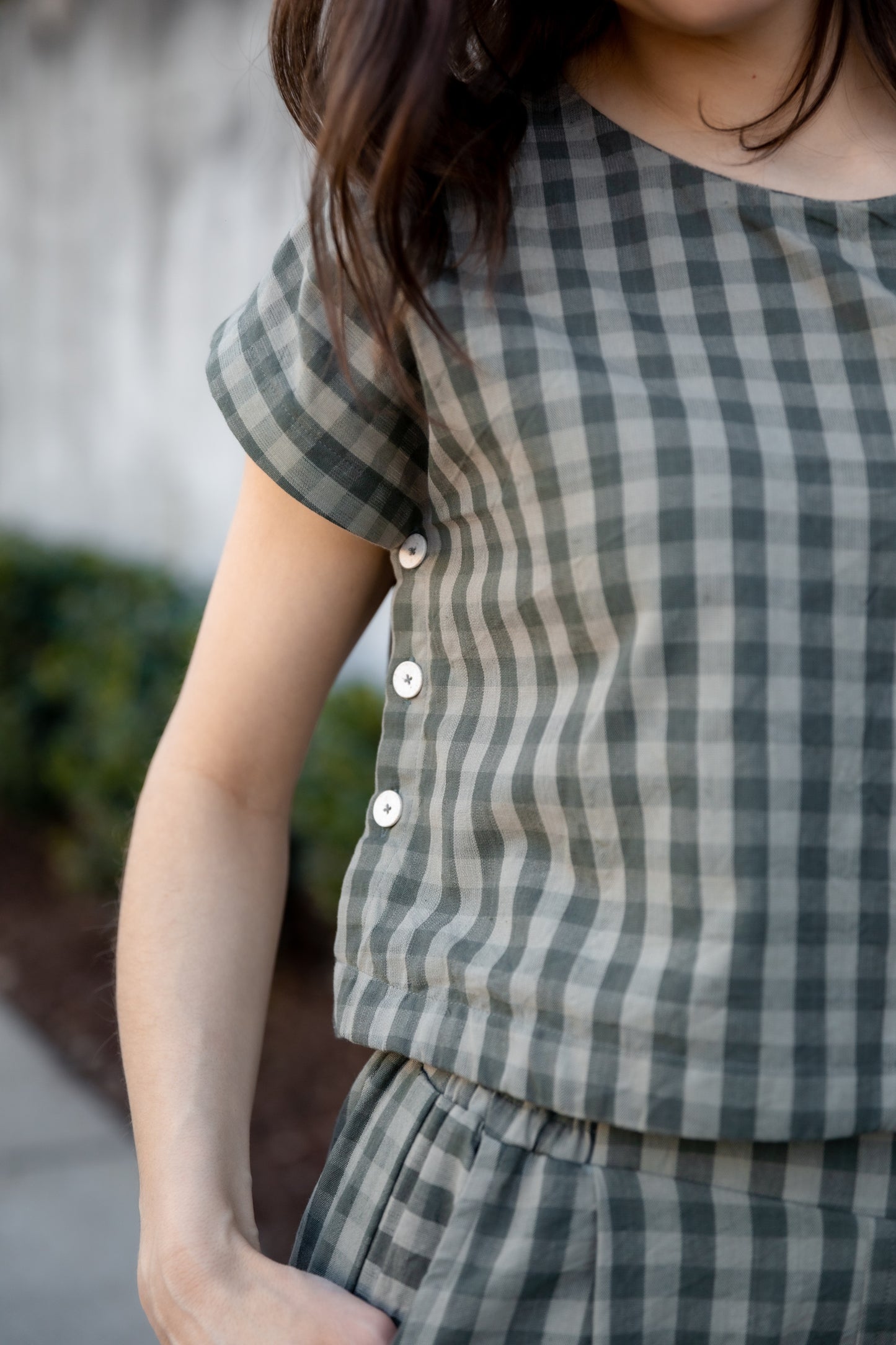 Katie Handwoven Cotton Set in Green Gingham - XS Left